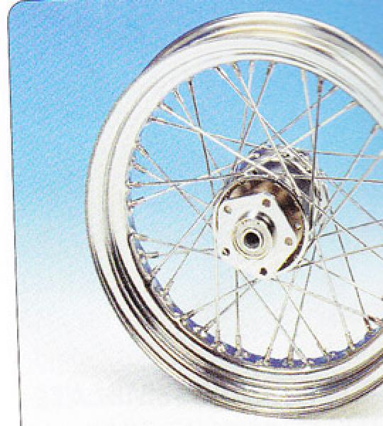 Ruota anteriore assemblata da 3.00x16 con raggi cromati e mozzo in acciaio cromato  per Harley FLH dal 1982 al 1984, FXWG 1982-1986